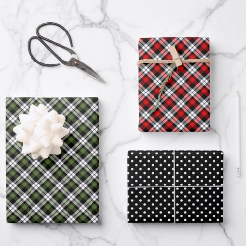 Classic Red Green Black White Tartan Check Pattern Wrapping Paper Sheets