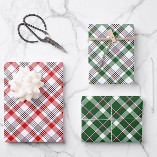 Classic Red Green Blue White Plaid Check Pattern Wrapping Paper Sheets (Front)