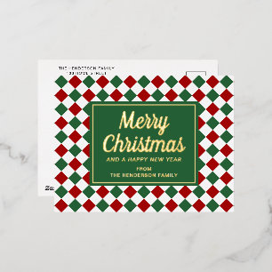 Classic Red Green Check Merry Christmas Gold Foil Holiday Postcard