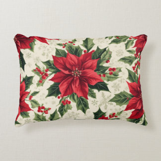 Classic Red Green Christmas Poinsettia Holly Print Accent Pillow