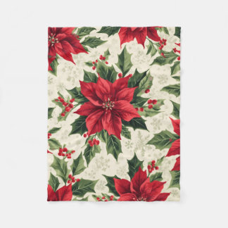 Classic Red Green Christmas Poinsettia Holly Print Fleece Blanket