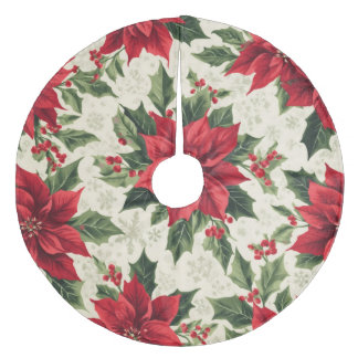 Classic Red Green Christmas Poinsettia Holly Print Fleece Tree Skirt