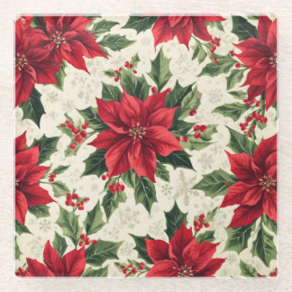 Classic Red Green Christmas Poinsettia Holly Print Glass Coaster