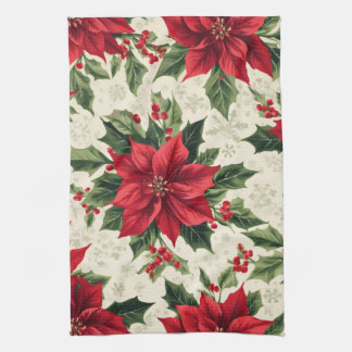 Classic Red Green Christmas Poinsettia Holly Print Kitchen Towel