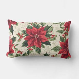 Classic Red Green Christmas Poinsettia Holly Print Lumbar Pillow