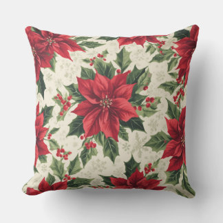 Classic Red Green Christmas Poinsettia Holly Print Outdoor Pillow