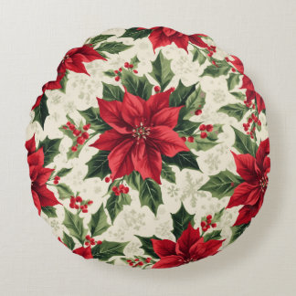 Classic Red Green Christmas Poinsettia Holly Print Round Pillow