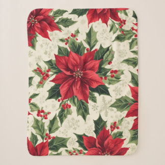 Classic Red Green Christmas Poinsettia Holly Print Sherpa Blanket