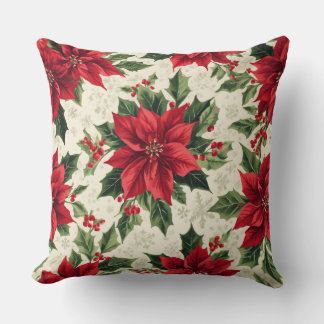 Classic Red Green Christmas Poinsettia Holly Print Throw Pillow