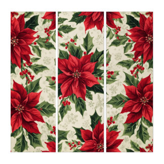 Classic Red Green Christmas Poinsettia Holly Print Triptych