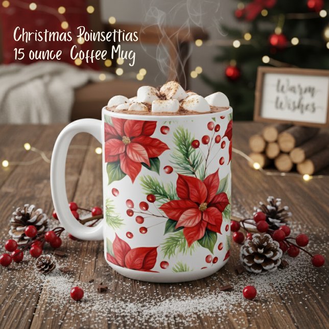 Classic Red & Green Christmas Poinsettias Holiday Coffee Mug (Classic Red & Green Christmas Poinsettias Holiday 15 ounce  Coffee Mug)