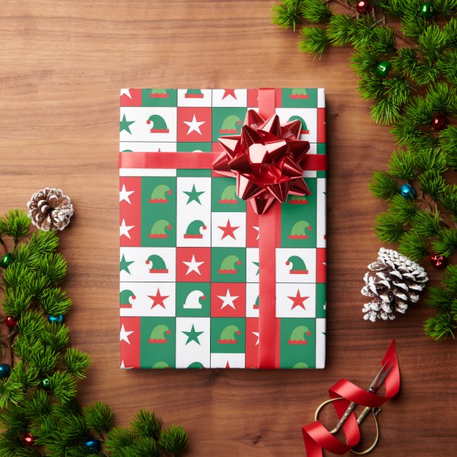 Classic Red & Green Elf Hat Checkerboard Pattern Wrapping Paper (Holiday Gift)