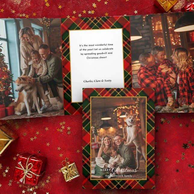 Classic Red, Green, Gold Christmas Plaid 1-Photo Tri-Fold Card (Creator Uploaded)