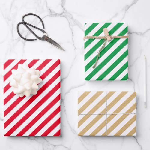 Classic Red Green Gold Christmas Stripe Pattern Wrapping Paper Sheets