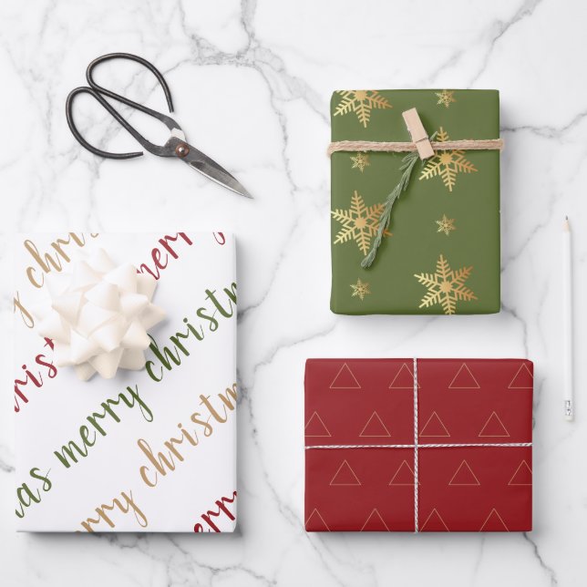 Classic Red Green Gold Merry Christmas  Wrapping Paper Sheets (Front)