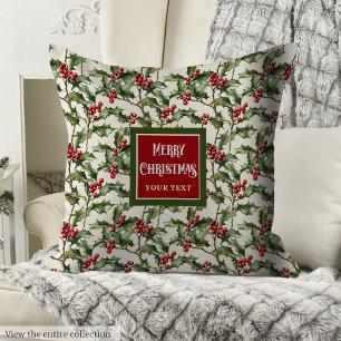 Classic red green holly berry Christmas pillow