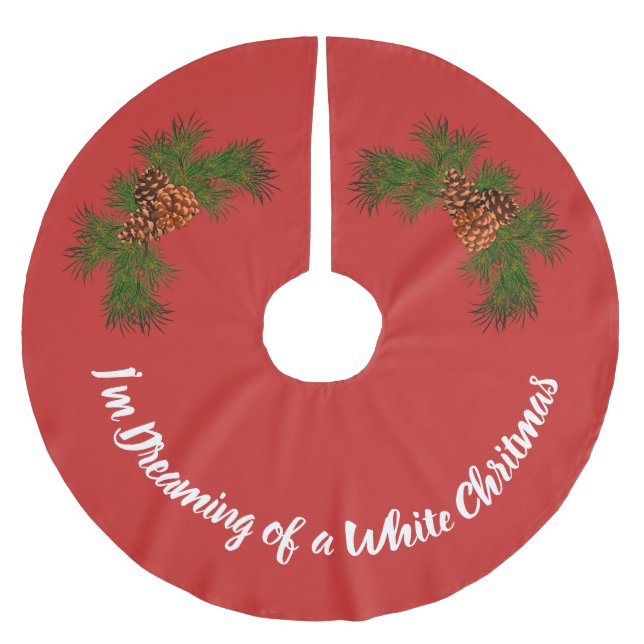 Classic red green pine cone  brushed polyester tree skirt (Front)