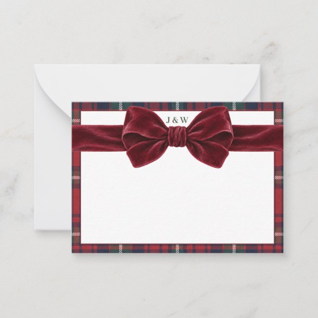 Classic Red Green Plaid & Bow Custom Initials Note Card (Front)