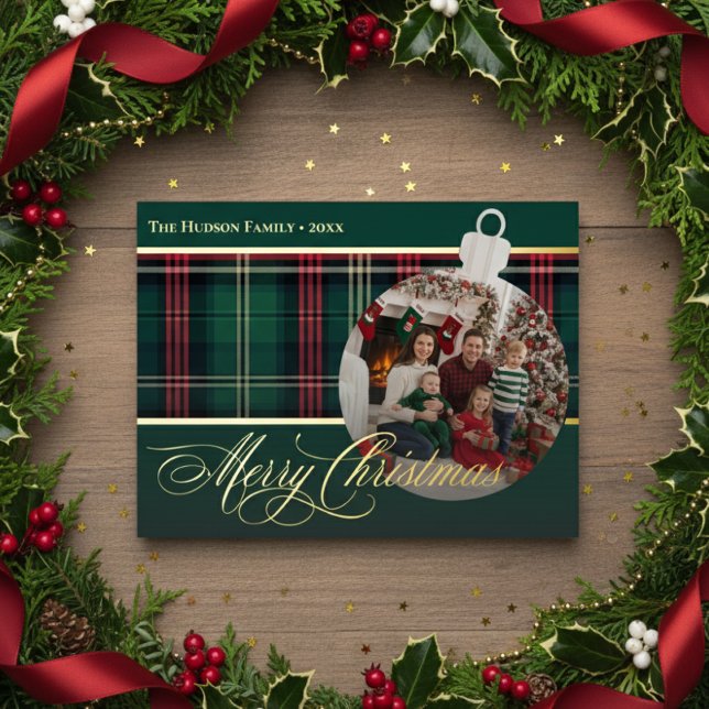 Classic Red Green Plaid Christmas Bulb Photo Foil Holiday Postcard (Creator Uploaded)