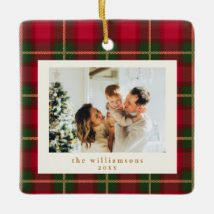 Classic Red Green Plaid Custom Photo Christmas Ceramic Ornament