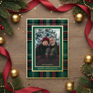 Classic Red Green Plaid Happy Holidays Photo Foil Holiday Card
