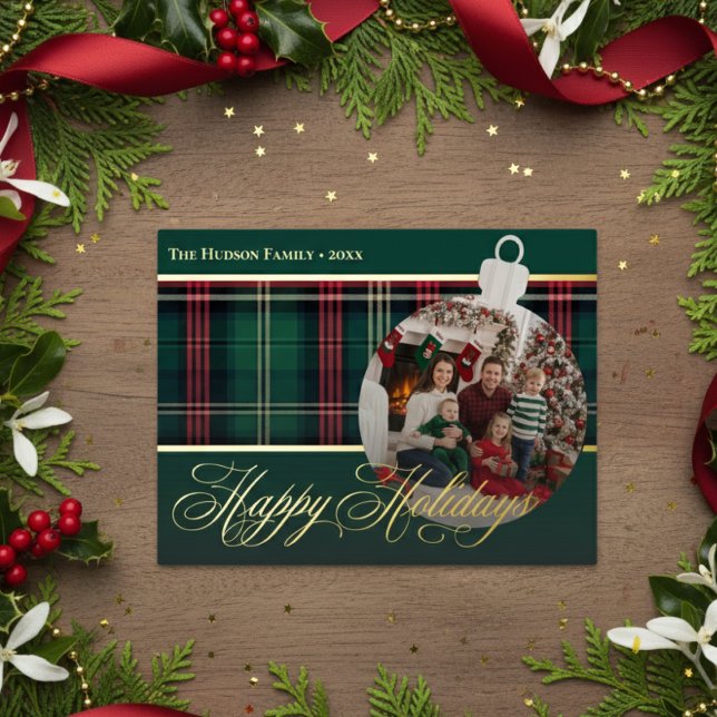 Classic Red Green Plaid Holidays Bulb Photo Foil Holiday Postcard (Creator Uploaded)