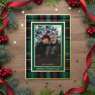 Classic Red Green Plaid Merry Christmas Photo Foil Holiday Card