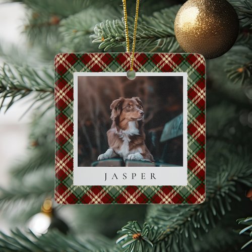 Classic Red Green Plaid Personalized Pet Dog Photo Ceramic Ornament