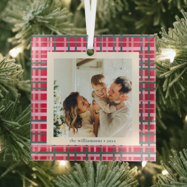 Classic Red Green Plaid Photo Keepsake Christmas Glass Ornament (Insitu)