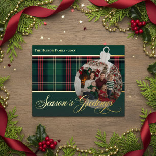 Classic Red Green Plaid Seasons Greet Bulb Photo Foil Holiday Postcard