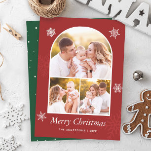 Classic Red Green White Snowflakes 3 Photo Holiday Card
