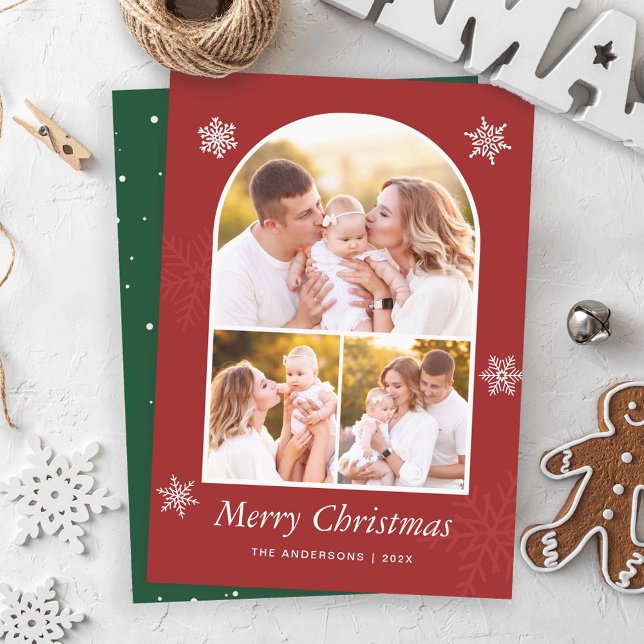Classic Red Green White Snowflakes 3 Photo Holiday Card (Creator Uploaded)