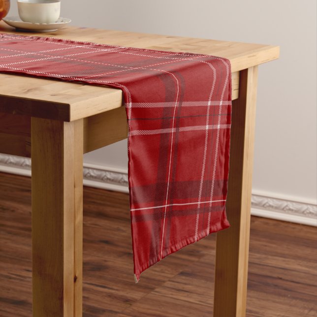 Classic red holiday plaid short table runner (In Situ)