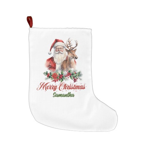 Classic red holly berries  Santa with reindeer Large Christmas Stocking