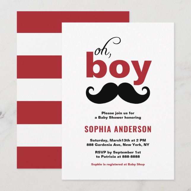 Classic Red It's a Boy Mustache Baby Shower Invitation (Front/Back)
