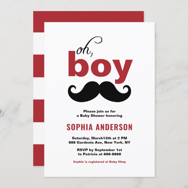 Classic Red It's a Boy Mustache Baby Shower Invitation (Front/Back)