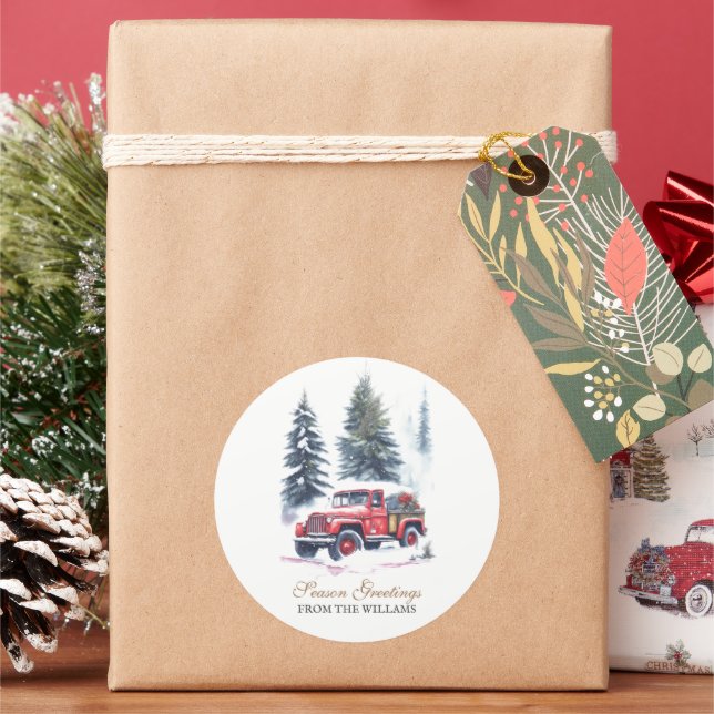 Classic Red Jeep snow Christmas Tree Personalized  Round Sticker (Holiday)