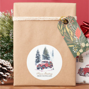 Classic Red Jeep snow Christmas Tree Personalized Round Sticker