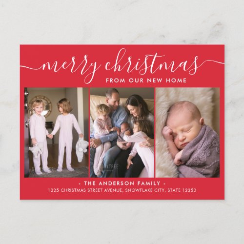 Classic Red Merry Christmas 3 Photo Holiday Moving Announcement Postcard