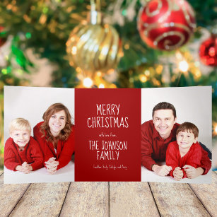 Classic Red Merry Christmas 4 Family Photo Festive Tri-Fold Holiday Card