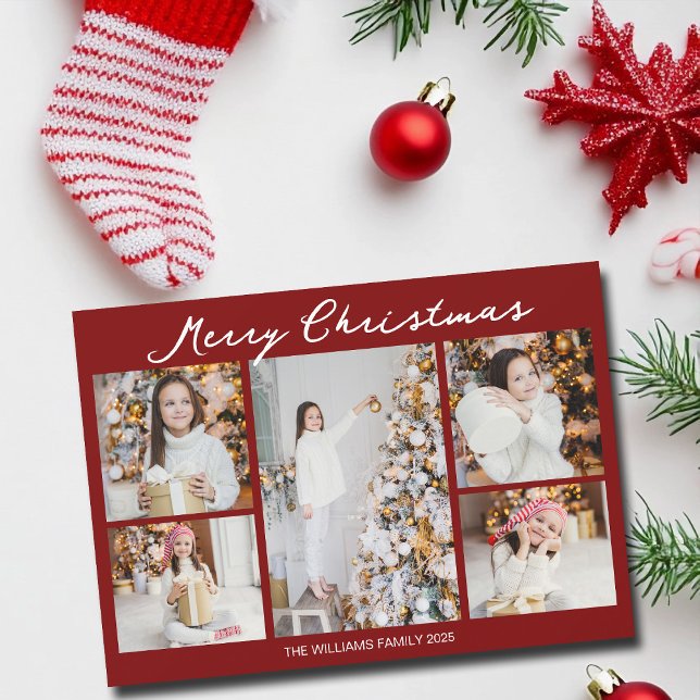 Classic Red Merry Christmas Family Photo Collage Holiday Card (Creator Uploaded)