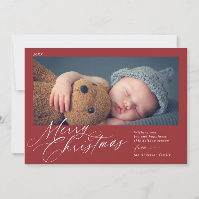 Classic Red | Merry Christmas Horizontal 1 Photo Holiday Card (Front)