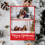 Classic Red Merry Christmas Vertical 2 Photo Holiday Card<br><div class="desc">Celebrate the season with this unique, classic red Merry Christmas vertical 2 photo holiday card featuring a touch of vintage charm. The minimalist design showcases an elegant red and white color palette, evoking the cozy spirit of winter. Its modern and fun appeal, paired with the traditional wording, creates a perfect...</div>