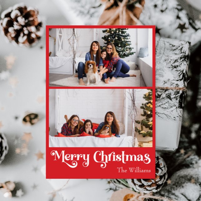 Classic Red Merry Christmas Vertical 2 Photo Holiday Card (Creator Uploaded)