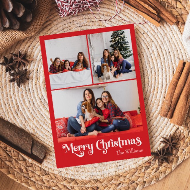 Classic Red Merry Christmas Vertical 3 Photo Holiday Postcard (Creator Uploaded)
