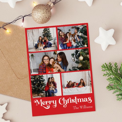 Classic Red Merry Christmas Vertical Five Photo Holiday Card