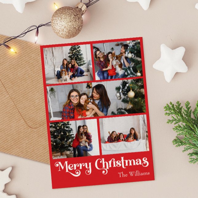 Classic Red Merry Christmas Vertical Five Photo Holiday Card (Creator Uploaded)