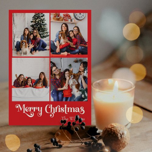 Classic Red Merry Christmas Vertical Four Photo Holiday Postcard