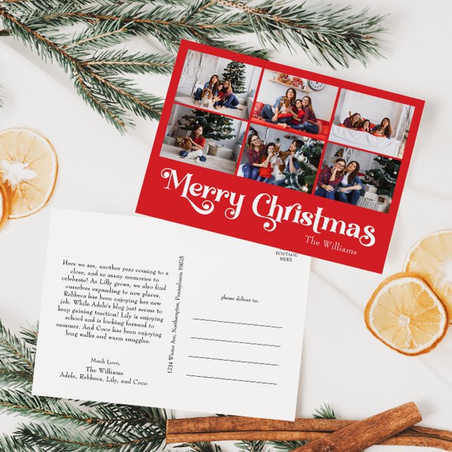 Classic Red Merry Christmas Year In Review 6 Photo Holiday Postcard (Creator Uploaded)