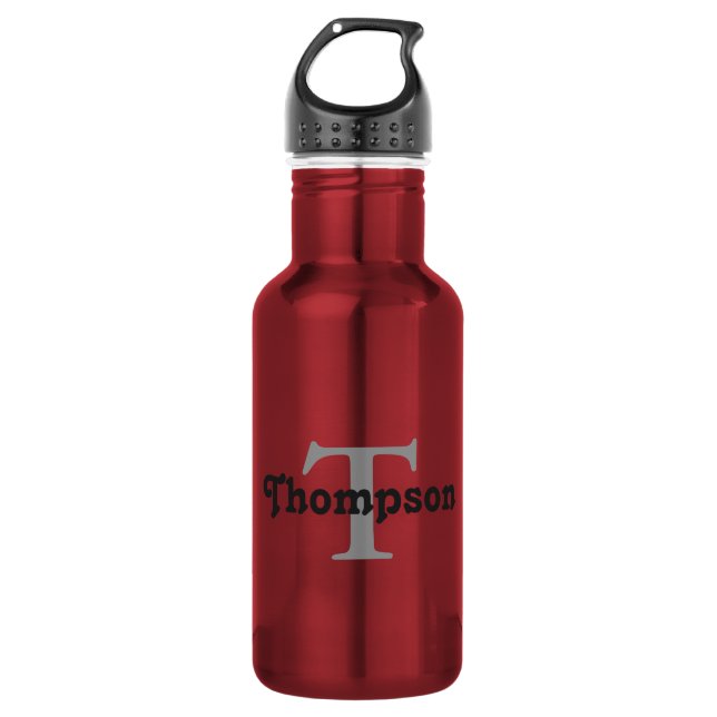 Classic Red Personalized Black Monogram Name  Water Bottle (Front)